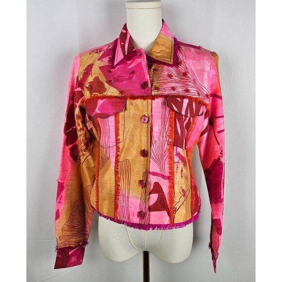 Sandy Starkman Silk Jacket Small Patchwork Button Pink Gold Beaded Accents - Picture 1 of 11
